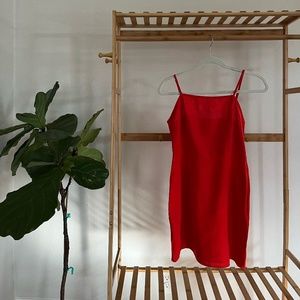 Square neck red linen mini dress